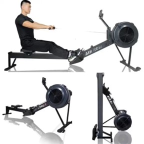 Commercial air rowing machine with ergonomic design, adjustable seat, and air resistance system for full-body workouts