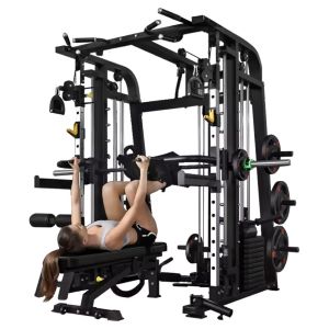 Black power rack with a girl exercising